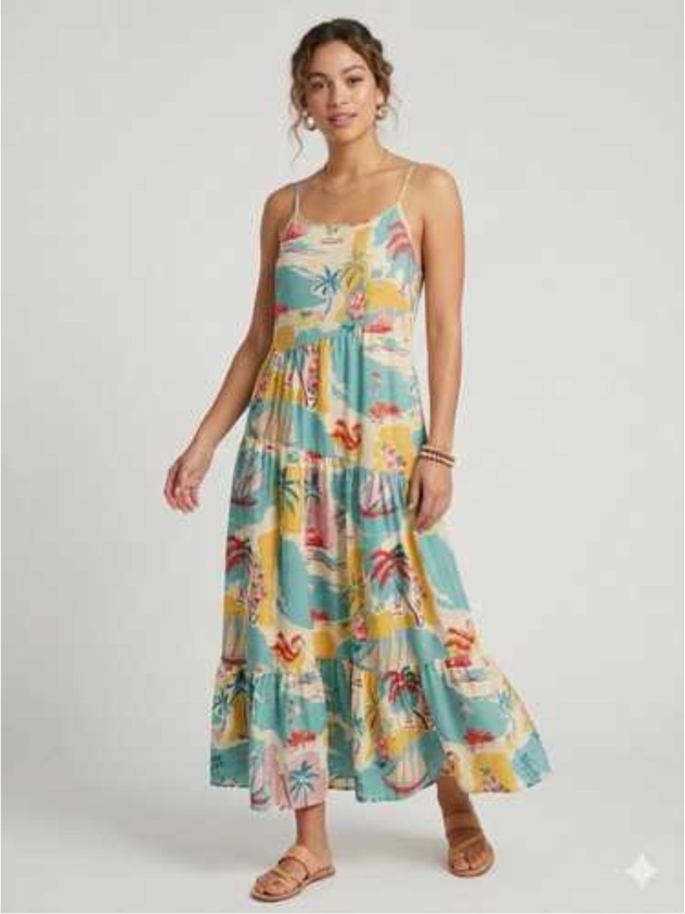 True Destinations Tiered Tropical Print Maxi Dress